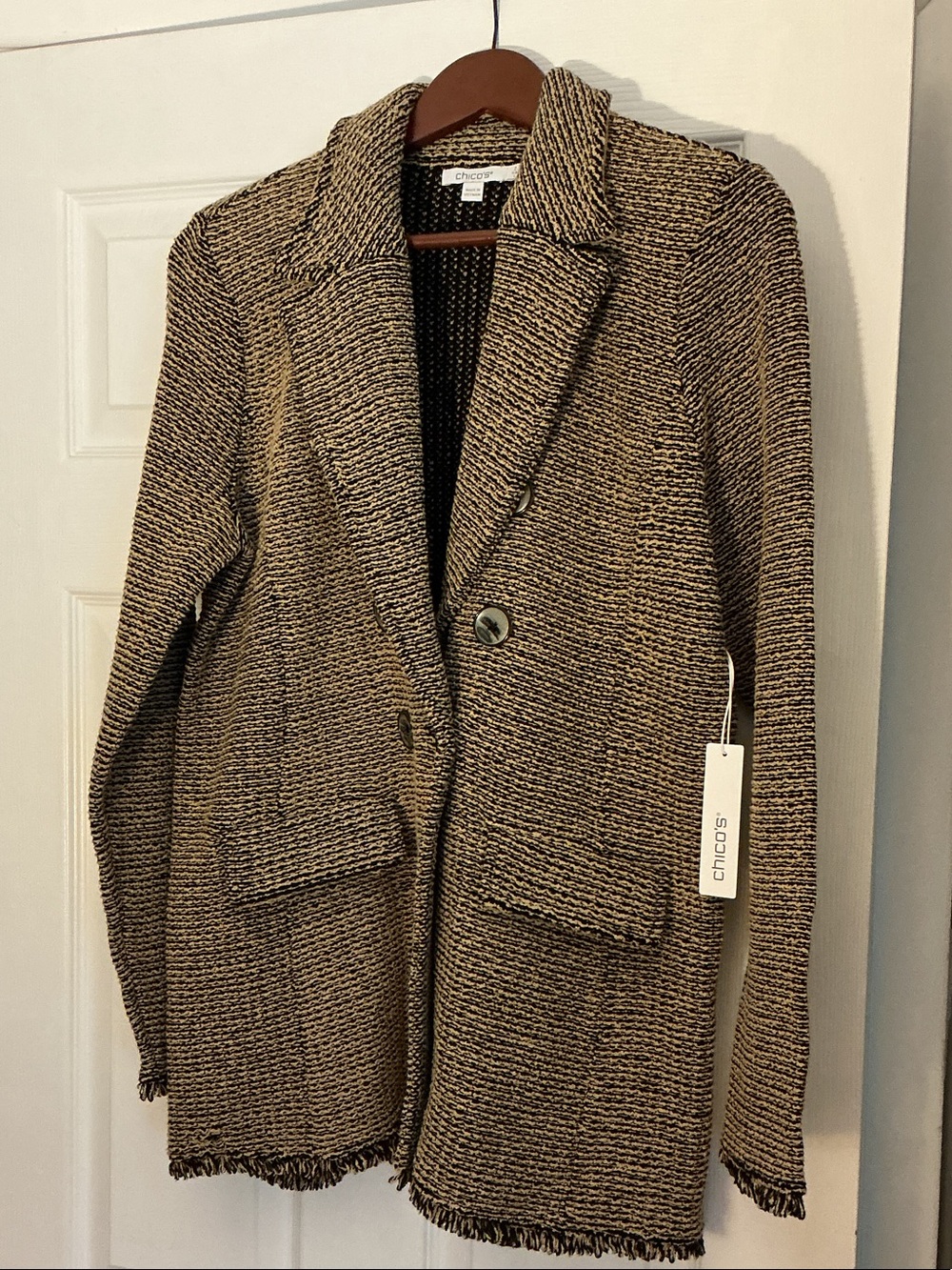 Chico's Brown & Black Knit Blazer with Fringe Trim